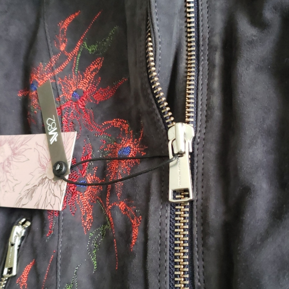 Andrew Marc New Bomber Embroidered Suede Leather Jacket Navy Women's M - Picture 6 of 16